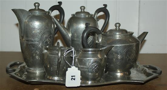 Art Nouveau hammered pewter 5 pce tea set on matching tray